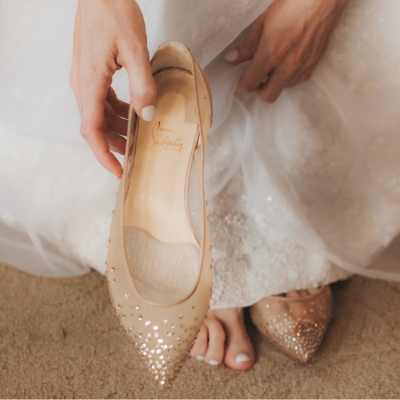 Christian Louboutin Follies Strass Flats 38.5 – Nude Mesh Crystal Wedding Shoes - Picture 1 of 7